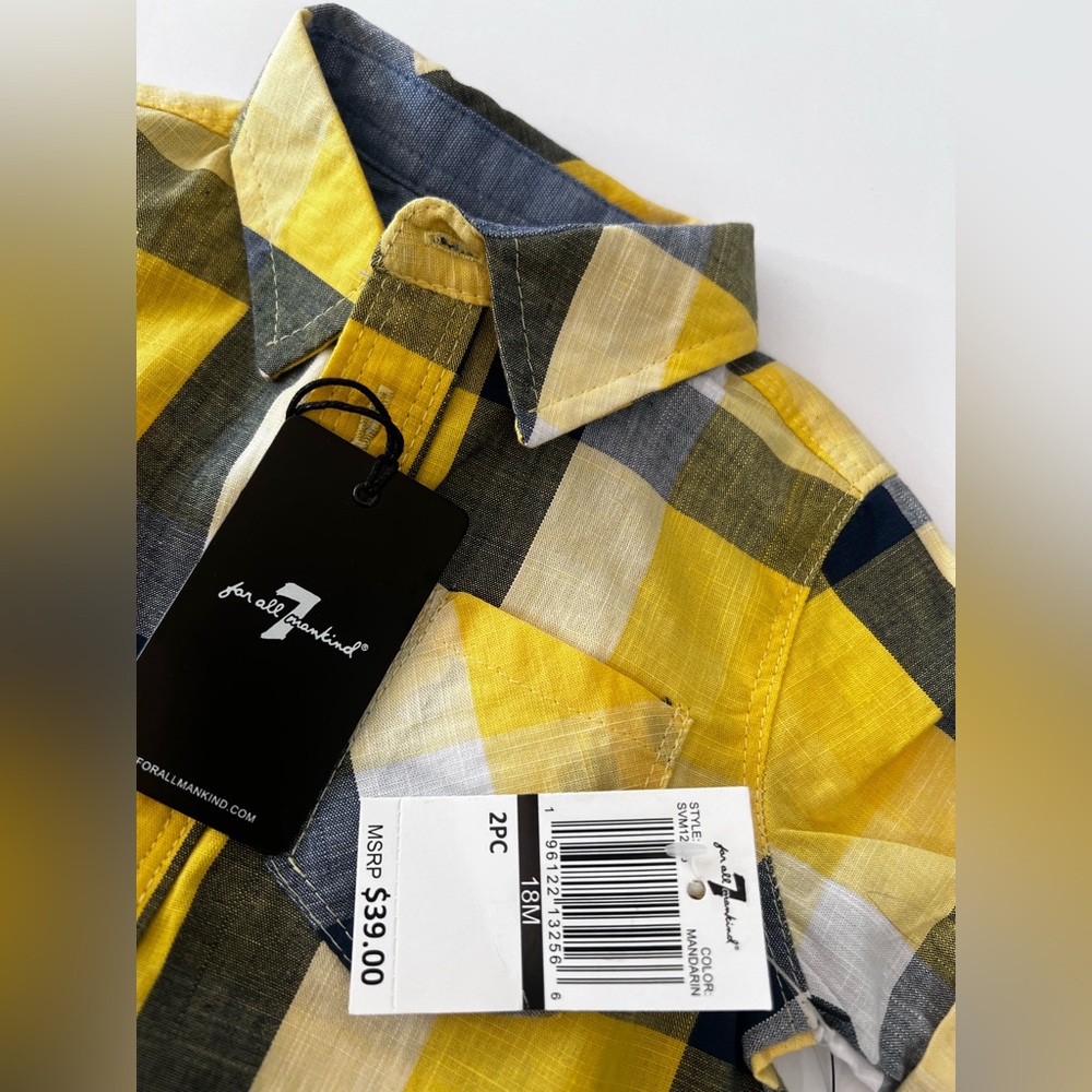 Yellow Plaid Kids Shirt & Jean shorts set by 7 For mankind new with tags - Picture 10 of 13